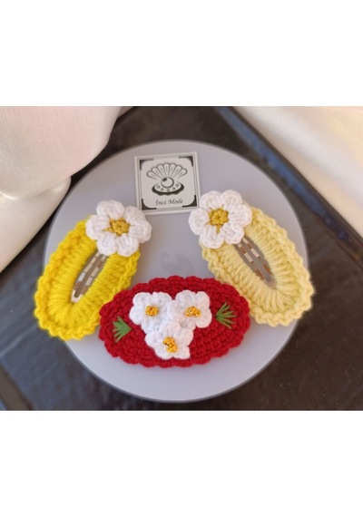 Papatya Çiçek Parlak Sarı,kırmızı,açık Sarı 3 Lü Çıtçıt Toka Set Çok Renkli