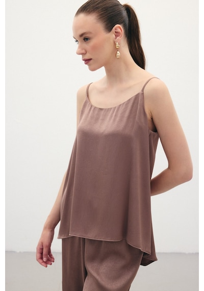 Sateen Askılı Saten Bluz - Kahve-136346 Kahve