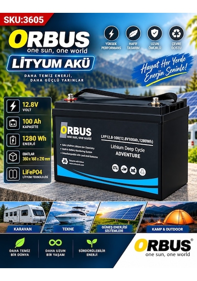 Orbus 12,8v Volt 100 Ah Amper Lityum Akü Ebatlar: 360x168x210mm