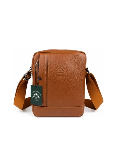 Alphaclub Bag Erkek Taba Hakiki Deri Postacı El Ve Omuz Çantası Orta Boy