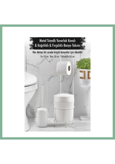 Bşkvirgo Metal Standlı Yuvarlak Kovalı & Kağıtlıklı & Fırçalıklı Beyaz Banyo Takımı Bsk2026