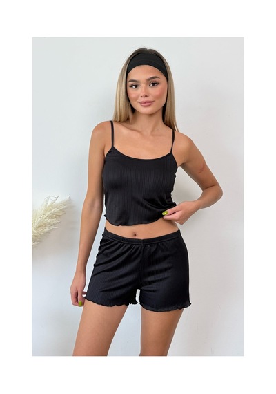 Giysa Kadın Askılı Kaplı Şortlu Pijama Takımı Siyah - 3403 Siyah Düz
