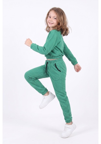 Fyk Kids Kız Çocuk Yuvarlak Yakalı Cep Biye Detaylı Düz Baskısız Paça Lastikli Alt Üst Eşofman Takımı Yeşil
