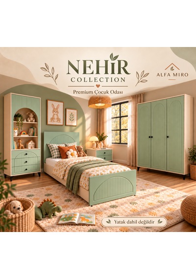 Nehir Çocuk Odası Takımı - Çocuk Odası Seti - Bebek Odası - Membran Kapak - Kum Beji Su Yeşili Kum Beji - Su Yeşili
