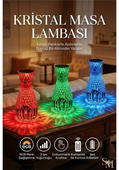 Kristal Masa Lambası Rgb Renk Değiştiren Gece Lambası 16 Renk Ve 4 Mod Dokunmatik Kontrol Belirtilmemis