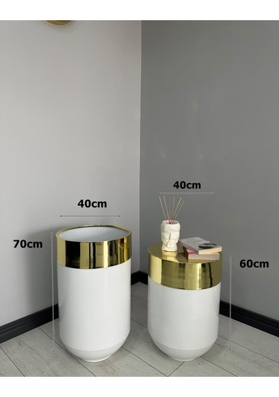 Dekoratif Gold Darbuka Parlak Beyaz Saksı 70cm + Sehpa 60cm İkili Set