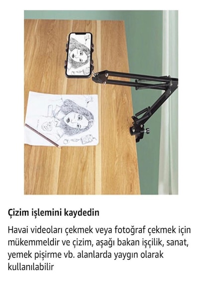 Teleskopik Tablet-telefon Tripodu 360 Derece Ayarlanabilir Masaüstü Süspansiyonlu Üst Çekim Yayıncı Standı Siyah