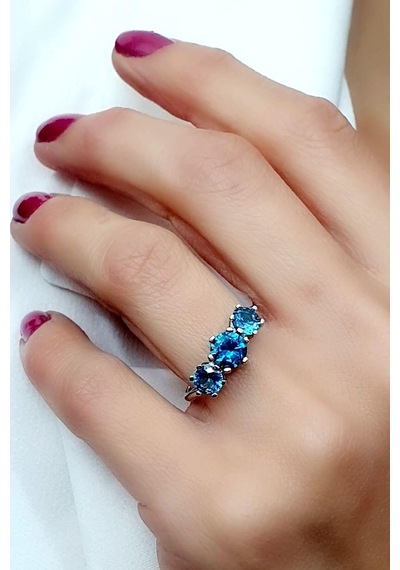 Sky Diamond Blue Creative Sapphire 925 Ayar Gümüş Lüks Tria Yüzük (519209497)