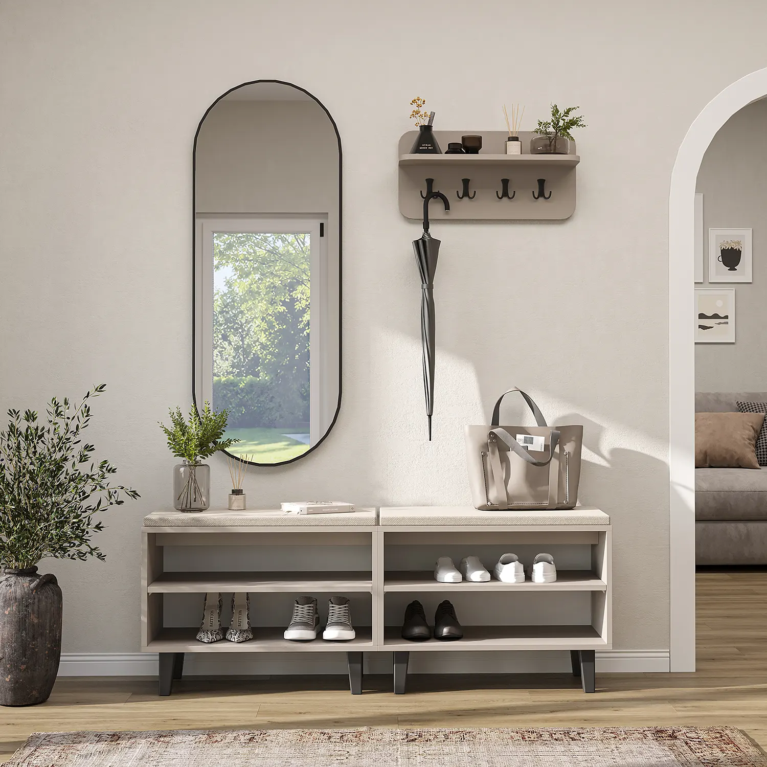 Nord Vestiyer Takımı Askılıklı, Modüler, Bench, Oval Aynalı Portmanto Takımı Kumtaşı