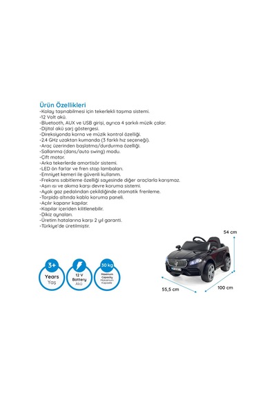 Massimo Gt 4x2 12v Uzaktan Kumandalı Led Farlı 2x Arka Süspansiyonlu Kemerli Çocuk Akülü Araba Siyah