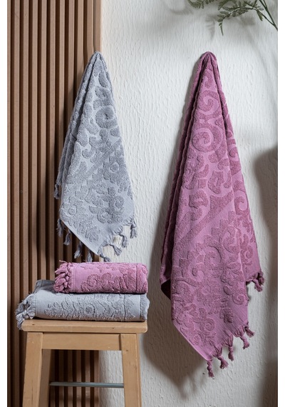 Kumsal 4'lü Hamam Seti %100 Pamuk 2 Adet 70x140 Beden, 2 Adet 50x90 El, Yüz, Saç Havlu , 1250gr Antrasit - Mürdüm