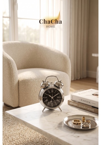 Chacha Home Eterna Bell Vintage Metal Çalar Saat & Premium Masaüstü Dekoratif Obje 22x16 Cm Gümüş