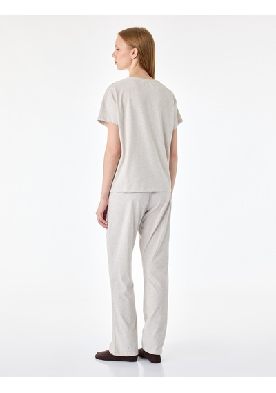 Koton Kısa Kollu Bisiklet Yaka Ayıcık Baskılı Pijama Takımı Bej Melanj 7wlk40266mk