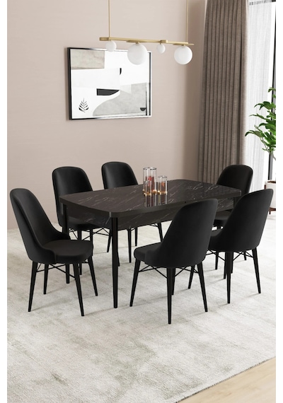 Familieconcept Almira Serisi, Siyah Mermer Desen 80x132 Açılabilir Mdf Mutfak Masası Takımı 6 Adet Sandalye Familieconcept Almira Serisi, Siyah Mermer Desen 80x132 Açılabilir Mdf Mutfak Masası Takımı 6 Adet Sandalye