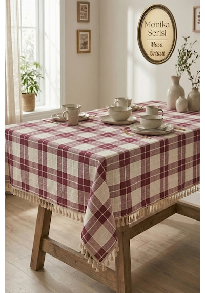 Monika Serisi Vintage Bohem Püsküllü Masa Örtüsü - Otantik %100 Doğal Bordo Buldan Sofra Örtüsü