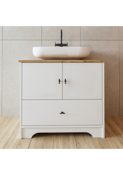 Oval Lavabolu Ayaklı 2 Kapaklı Çekmeceli Mdf 80 Cm Banyo Dolabı Atlantik Çam - Beyaz Oval Lavabolu Ayaklı 2 Kapaklı Çekmeceli Mdf 80 Cm Banyo Dolabı Atlantik Çam - Beyaz