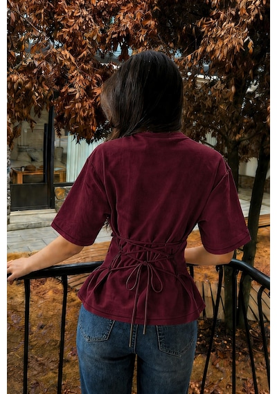 Kadın Bağcıklı Basic Tişört Belden Oturtmalı Şık Ve Modern Tasarım Bordo