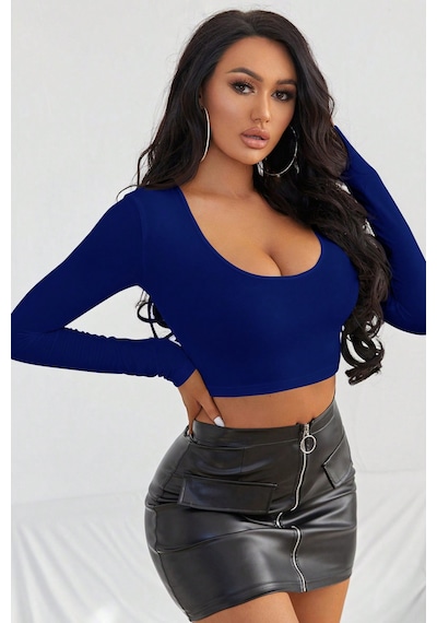 Angbutik Kadın Mavi Uzun Kol Kare Yaka Crop Top Bluz