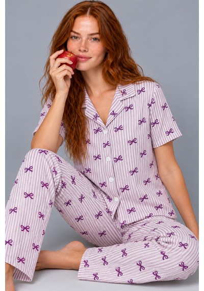 Kadın Çizgili Fiyonk Desenli Mor Kısa Kollu Pijama Takımı 4811