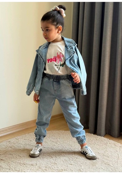 Toikids Kız Çocuk Look Prety Kot Ceketli 3 Lü Kız Takım Mavi
