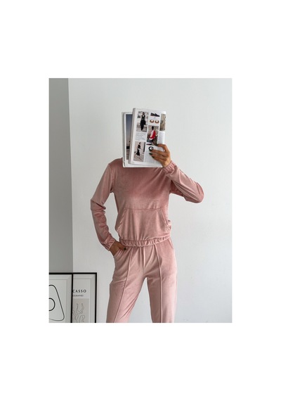 Winmoda34 Kadife Eşofman Takımı Kapişonlu Fransız Kadife Yumoş Toz-pembe