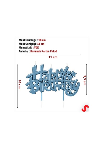 Happy Birthday Doğum Günü Pasta Mumu, 11 Cm - Çelik Mavisi