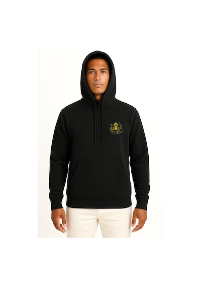 Bahriyeli Collection Kapüşonlu Steampunk Octopus Dalgıç Başlığı Cep Ve Sırt Baskılı Unisex Sweatshirt Siyah