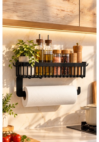 Porsima 161244-010 Yapışkanlı Siyah Metal Mutfak Ve Banyo Rafı Ve Kağıt Havluluklu Mutfak-banyo Düzenleyici