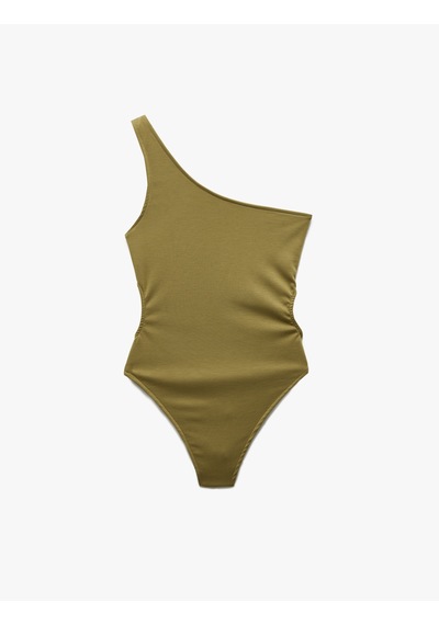 Koton Slim Fit Pencere Detaylı Tek Omuz Bodysuit Haki 5sak10031pk Haki