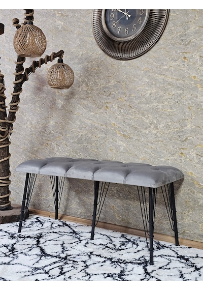Zafir Metal Siyah Tel Ayaklı 100 Cm Puf Bench - Puf - Bench - Oturak - Mutfak Oturağı - Antre Oturağı Gri