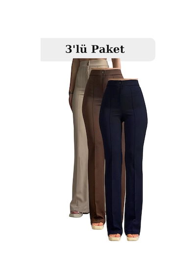 Thiff Gymwear Kadın Palazzo Pantolon 3 Lü Set Bej Kahverengi Lacivert, Krep Likralı, Yüksek Bel Jogger Kesim Çok Renkli
