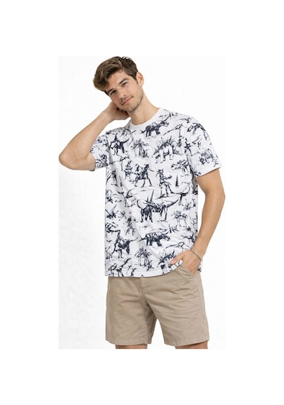 Barlashive Erkek Dinozor Dijıtal Ön Ve Arka Baskılı Tişört Bisiklet Yaka T-shirt - Beyaz Çok Renkli