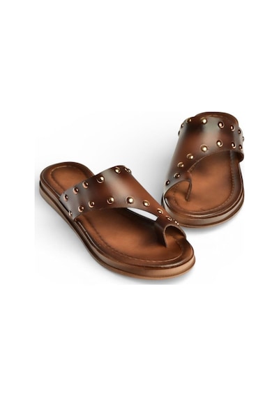 Fox Shoes Y390450403 Kahverengi Hakiki Deri Zımba Detaylı Kadın Terlik Kahverengi