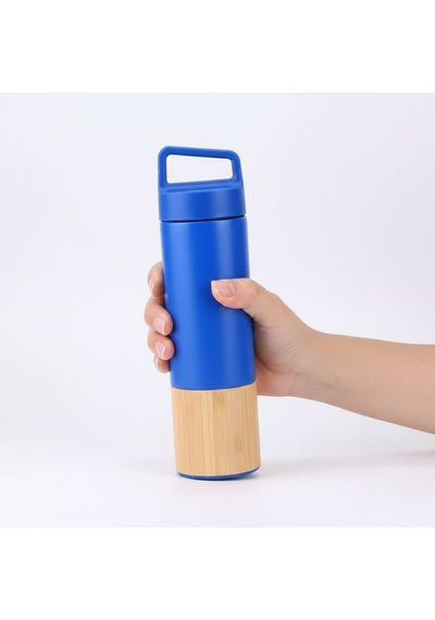 600 Ml Bambu Tabanlı Kulplu Çelik Termos Mug - 5 Renk Seçenekli Sıcak/soğuk Tutucu Seyahat Bardağı Mavi Çok Renkli