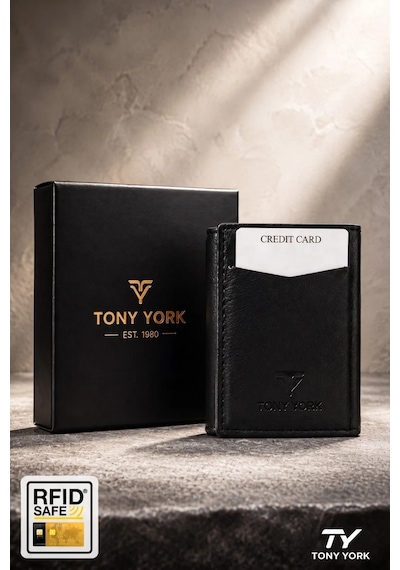 Tony York Orijinal Erkek Özel Kutulu Otomatik Mekanizmalı Rfid Korumalı Hırsızlık Engelleyici Kartlıklı Cüzdan siyah