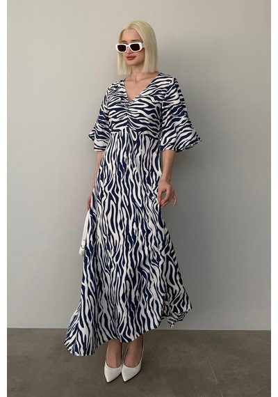 Madmext Lacivert Zebra Desenli V Yaka Yarım Kollu Elbise Mg2394