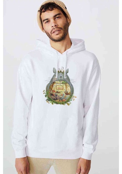 Komşum Totoro Baskılı Beyaz Erkek Örme Kapşonlu Sweatshirt (534796945)