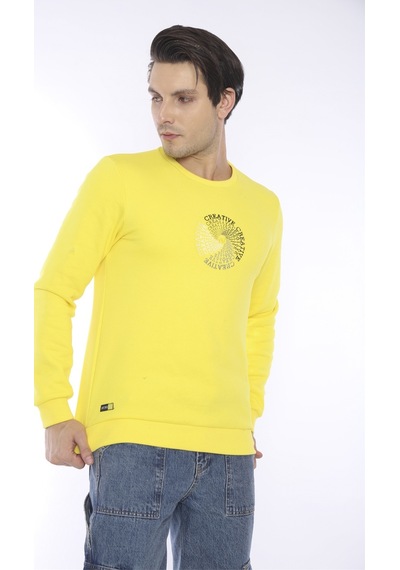 Escetic Erkek Spor Slimfit, Bisiklet Yaka Sarı Sweatshirt-4267