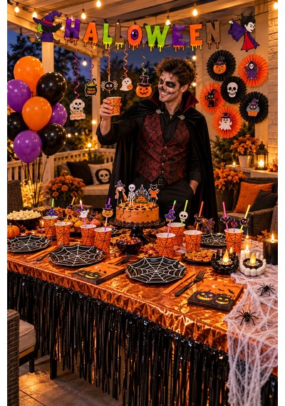 Halloween Cadılar Bayramı 113 Parça Lüks Parti Davet Seti Balon Tabak Bardak Masa Örtüsü Banner Diğer