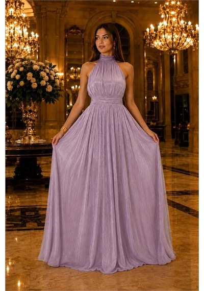 Neşeli Butik Kadın Lila Halter Yaka Janjan Kumaş Premium Abiye Elbise Nbmy4128