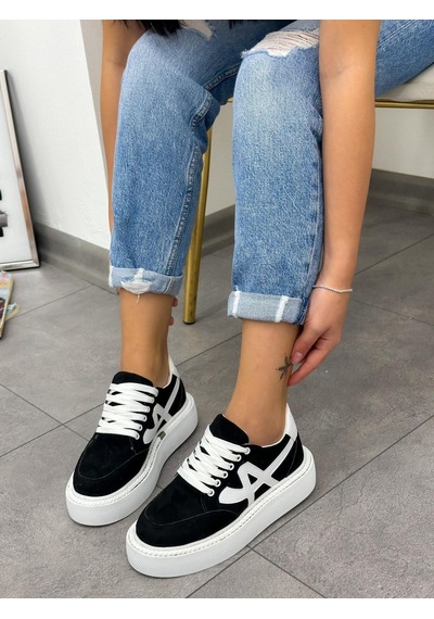 Erva'nın Butiği Siyah Beyaz Tig Kadın Bağcıklı Sneakers-4890 Siyah Beyaz Süet