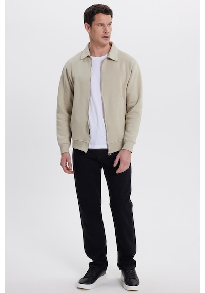 Tudors Unisex Relax Fit Rahat Kesim Pamuklu İçi Polarlı Fermuarlı Taş Polo Yaka Flato Cepli Sweatshirt Hırka-41969 Taş
