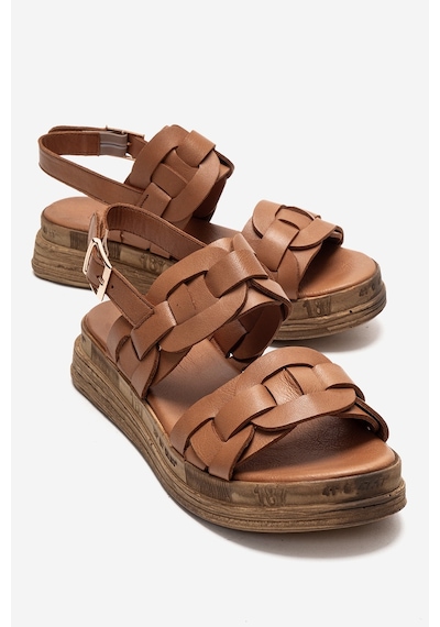 Luvishoes Elvoro Taba Hakiki Deri Örgü Bantlı Kadın Sandalet