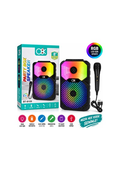 8 İnç Bluetooth Mikrofonlu Karaoke Hoparlör Şarjlı, Rgb