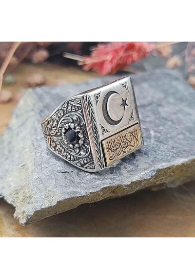 925 Ayar Gümüş Ayyıldız Kelime-i Tevhid Model Kalem İşlemeli Erkek Yüzük Gümüş