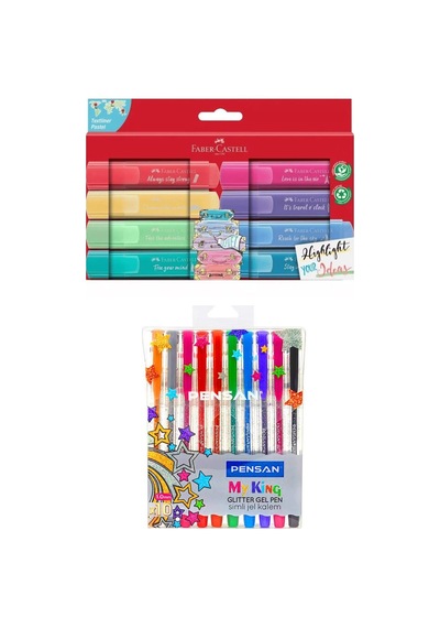 Bullet Journal Ve Not Tutma Seti Faber Castell 8'li Pastel Fosforlu Kalem Ve Pensan Myking 10'lu Simli Kalem Çok Renkli