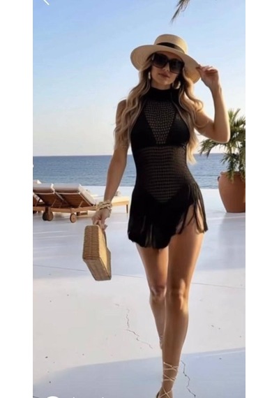 Veraura Lifestyle Kadın Balıkçı Yaka Saçak Detay Pareo Siyah