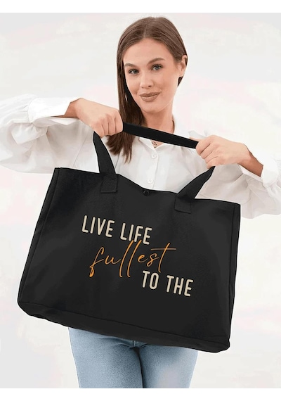 Çınar Bez Çanta Siyah 3 Çıtlı Live Life Baskılı Büyük Boy Kanvas Çanta - Standart