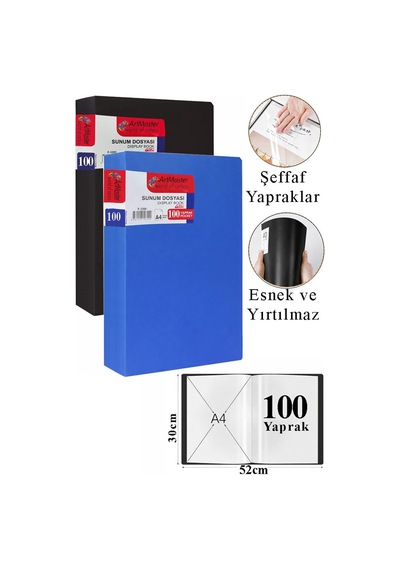 Siyah Mavi Sunum Dosyası 100 Lü 2 Adet Poşet Dosyalı Katalog Dosyası 100 Poşetli Kendinden Dosya Plastik Kapaklı