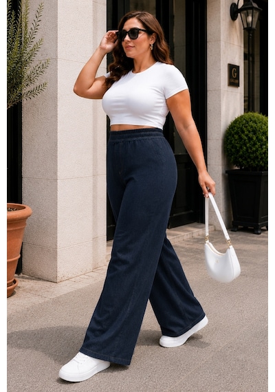 Cedy Denim Kadın Büyük Beden Yüksek Bel Palazzo Pantolon Yazlık İnce Kumaş Terletmez Likralı C633 Lacivert